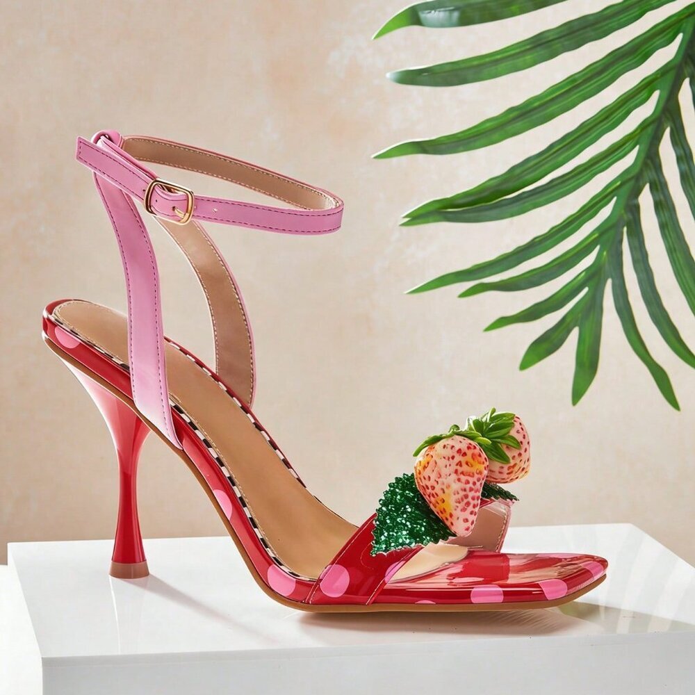 Multicolor Bohemian Women's Ankle Strap Stiletto Sandals with Strawberry Decor - Picture 8 of 9